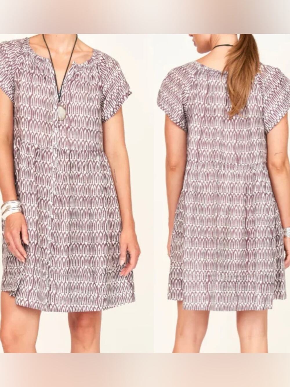 MIRTH Vienna Block Print Dress Belted S/S Cotton Silk Coastal Chic Sz M